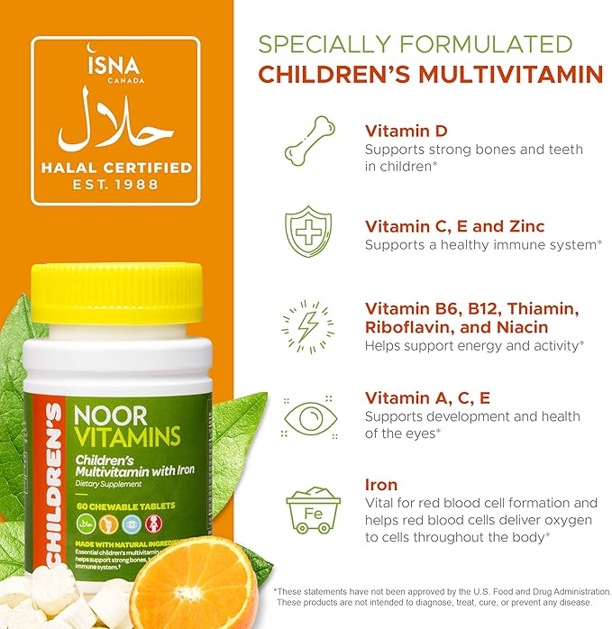 Noor Vitamins Halal Kids Multivitamin Chewable: Essential Vitamins for Immune Bone &amp Eye Health with Iron - Non GMO &amp Gluten Free - Halal Vitamins 60 Count (2 Month Supply)