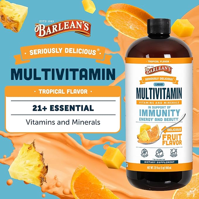Barlean's Liquid Multivitamin for Women Men &amp Kids 21 Essential Vitamins &amp Minerals Includes Biotin B-Complex Vitamins C D3 &amp K2 Smoothie-Like Daily Supplement Tropical Flavor 32
