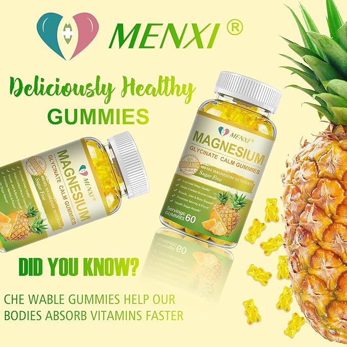 Magnesium Glycinate Gummies 400mg Sugar Free Magnesium TaurateMagnesium Malate Supplement with Vitamin D B6 CoQ10 for Relaxation Stress Relief Muscle Bone &amp Sleep Support-120 Pineapple Gumm