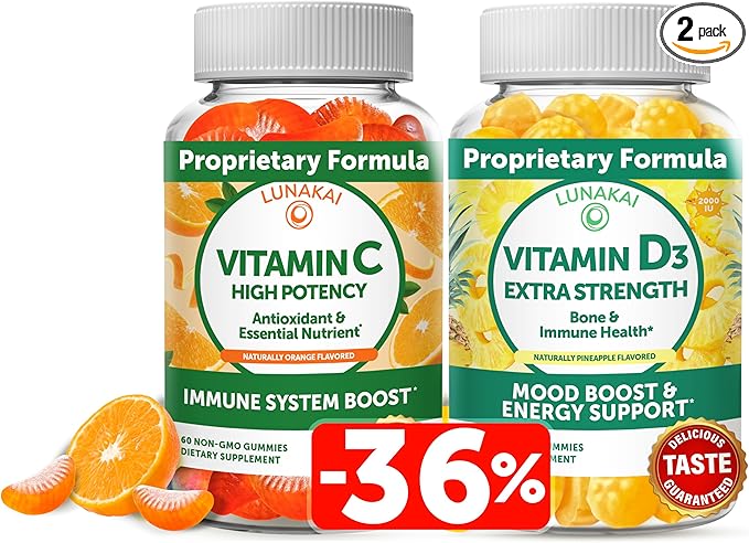 Lunakai Vitamin C and Vitamin D3 Gummies Bundle - 300mg Organic Non-GMO Vegan Chewable Gummy - Immunity Bone and Mood Support Supplement for Adults