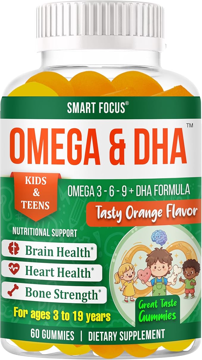 Focus Supplement for Teens &amp Kids – Brain Focus Gummies for Concentration Memory Clarity &amp Attention | Omega DHA Plant-Based 60 Gummies | Teen Brain Vitamins &amp Kids Focus Vitamins – Fish