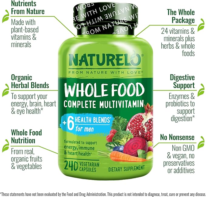 NATURELO Mens Multivitamins - Whole Food Multivitamin for Men with Vitamins Minerals - 240 Vegetarian Capsules for Energy Brain Heart Eye Health* (Pack of 2)