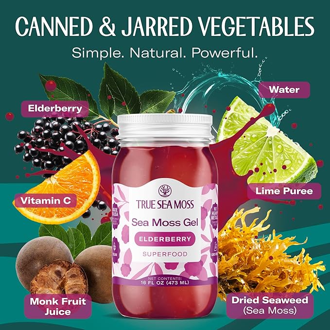 TrueSeaMoss Sea Moss Gel – Made in USA – Wildcrafted Seamoss Fruits &amp Jarred Vegetables – Elderberry Pack of 3 (Labels may Vary)