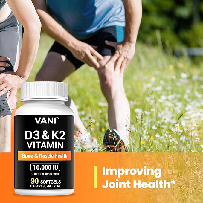 VANI (10000 IU) D3 + K2 Vitamins 2-in-1 Complex Vitamin D3 K2 Supplement Support Bone &amp Muscle &amp Teeth Health 90 SOFTGELS