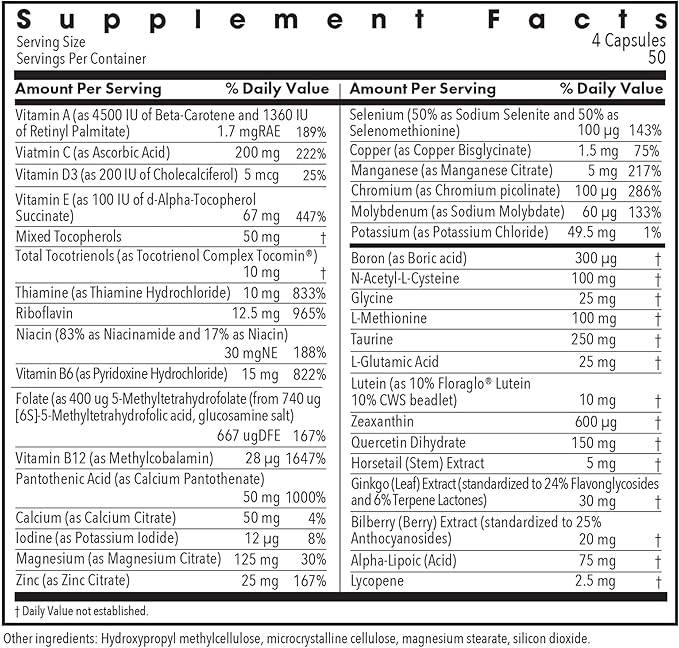 Allergy Research Group OcuDyne II Supplement - Eye Support Vitamins for Vision Eye Health for Adults Vision Support Multivitamin Formula QuatreActiv Folate FloraGLO Lutein - 200 Count