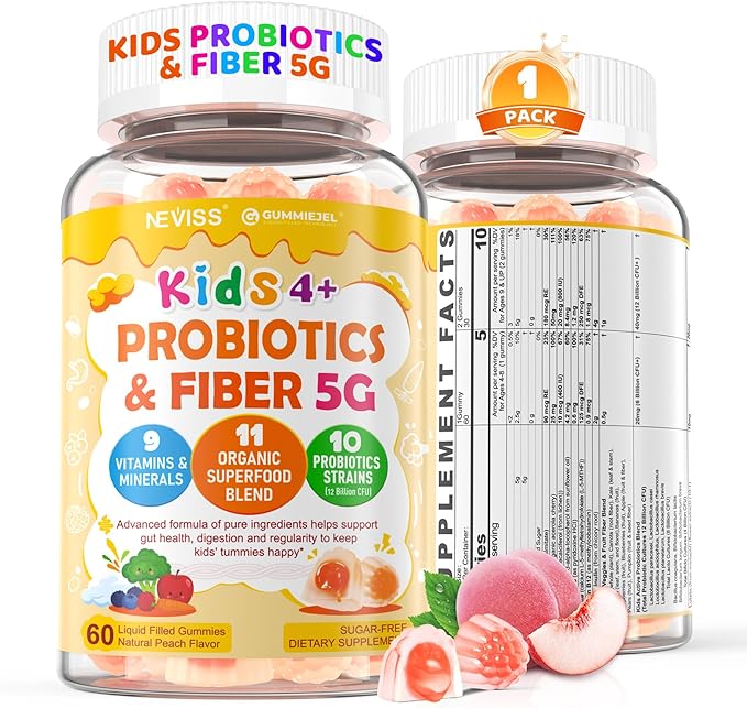 Kids Probiotic + Prebiotic Fiber Gummies 5G 12 Billion CFU Probiotic &amp Veggie Fruit Fiber w/ Organic Inulin Methyl B12 B6 D3 C Lutein for Children's Digestive &amp Gut Immune Health Sugar F