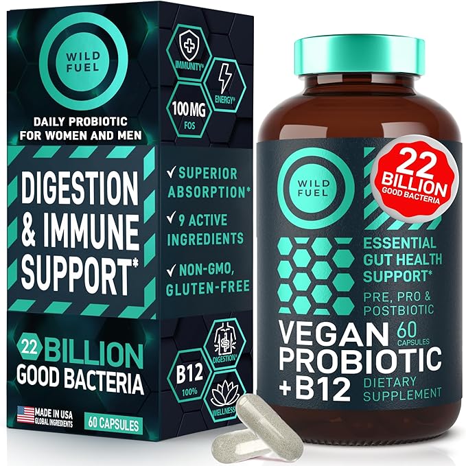 WILD FUEL Vegan Probiotic Plus B12 and Liquid Collagen Peptides with Biotin Wellness Bundle