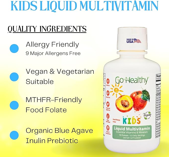 Go Healthy Kids Liquid Multivitamin | Immune Support | Kid Liquid Multivitamins | High Absorption | Vegan Vitamins | Kids Vitamins Multivitamin | Peach Mango - 30-60 Servings