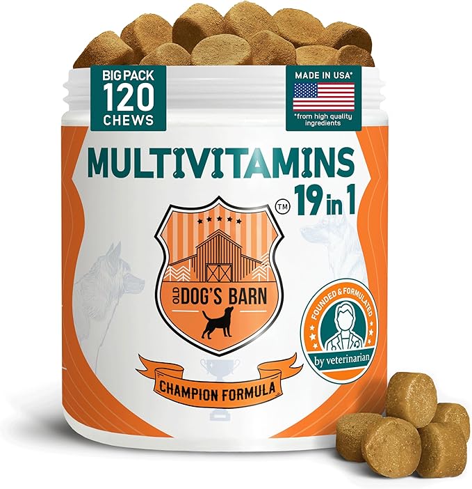 Old Dog's Barn Multivitamins 19 in 1 for Dogs – Glucosamine Salmon Oil Cranberry Powder Hemp Seed Oil (Omega 6) MSM Chondroitin Vitamin C Probiotics Zinc &amp Folic Acid 120 Soft Chews