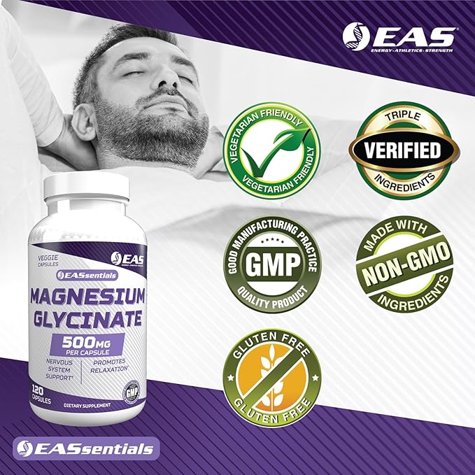 EAS Magnesium Glycinate 500mg | Nervous System &amp Muscle Function | Relaxation Support | Easy to Digest | Gluten Free Non GMO Vegetarian | 120 Veggie Capsules