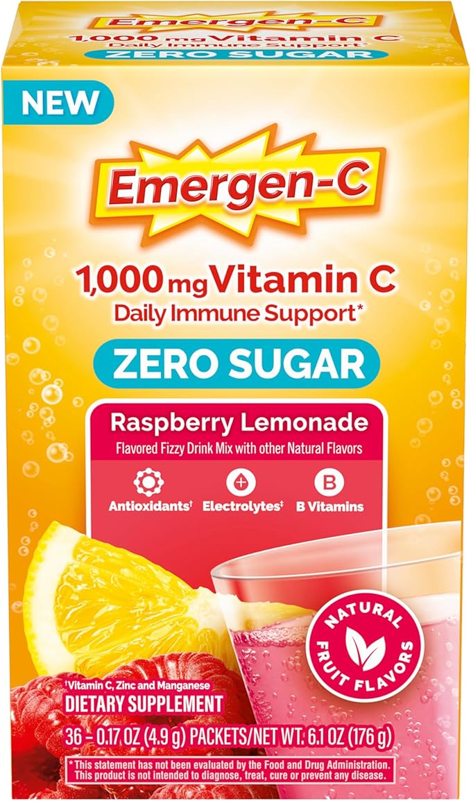 Emergen-C Zero Sugar 1000 mg Vitamin C Powder for Daily Immune Support Caffeine Free Vitamin C Supplements with Zinc and Manganese B Vitamins and Electrolytes Raspberry Lemonade Flavor - 36 Count