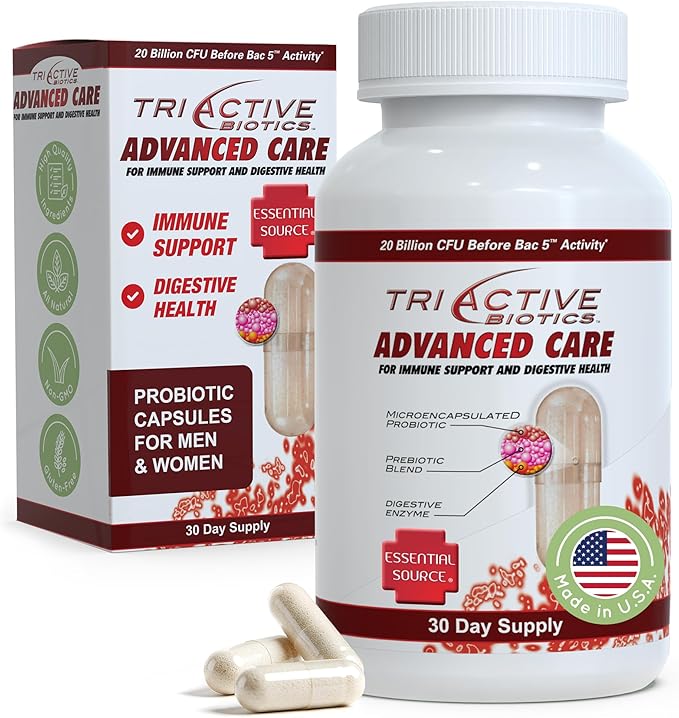 Essential Source TriActive Biotics Advanced Care - 20 Billion CFU Probiotics for Digestive Health Immune Support Supplement Microencapsulated Probiotics for Women &amp Men 30 Ct Capsules