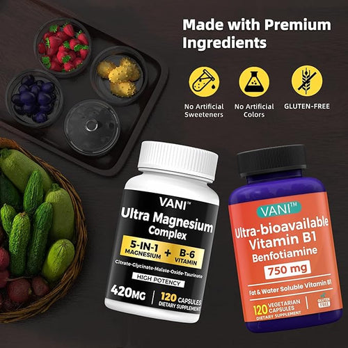 5 in 1 Magnesium &amp Vitamin B1 &amp B6（4 Month SupplyBioavailable 7 Form Supplement Support Heart Muscles and Bone* - Gluten-Free - 120 Capsules