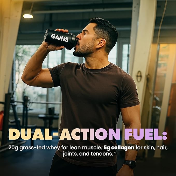 Gains in Bulk Lean Protein Powder with Collagen Peptides Gluten Free Grass Fed Whey 20G Protein &amp 5G Collagen Plant Enzymes to Support Digestion Natural Ingredients Cutcake Flavor 27 Serving