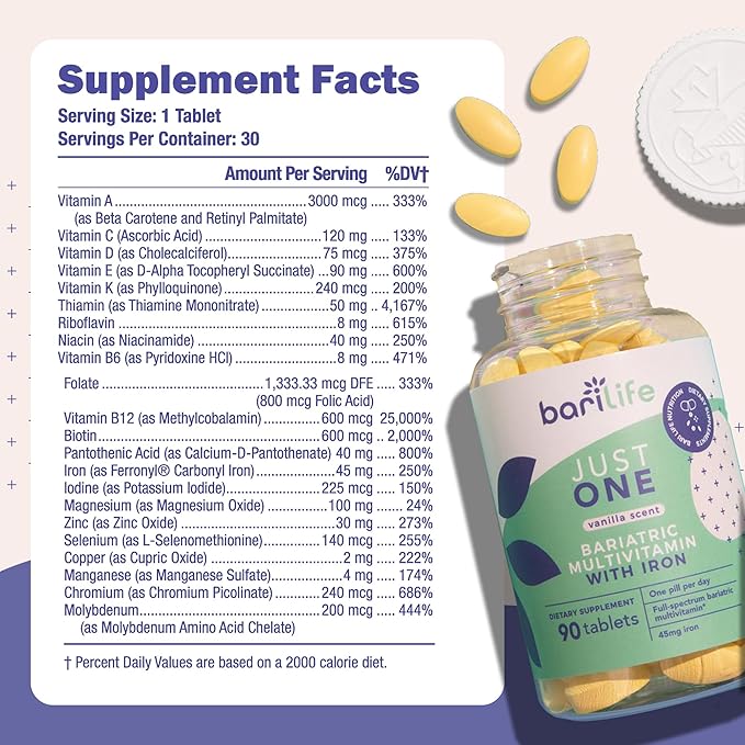 Bari Life Just One Once Daily Bariatric Multivitamin with Iron (90 Tablets) and BariBurst Calcium Citrate Soft Chews for Gastric Bypass Gastric Sleeve and Duodenal Switch (Butter Toffee)