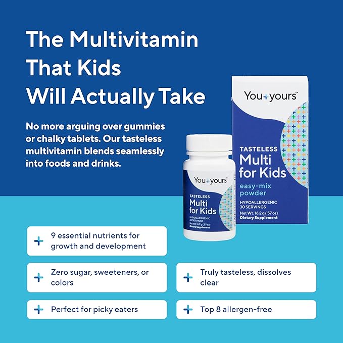 Tasteless Multivitamin Powder for Kids + Toddlers- No Sweeteners Flavors Colors or Preservatives. Add to Beverages or Food. Pure Flavorless Children's Multivitamin Supplement. 30 Servings.