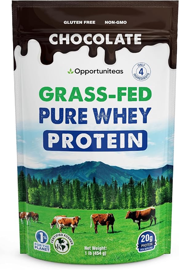 Opportuniteas Grass Fed Whey Protein Powder Concentrate - Chocolate - Pure Protein Supplement - Non GMO Hormone Free &amp Gluten Free - 1lb