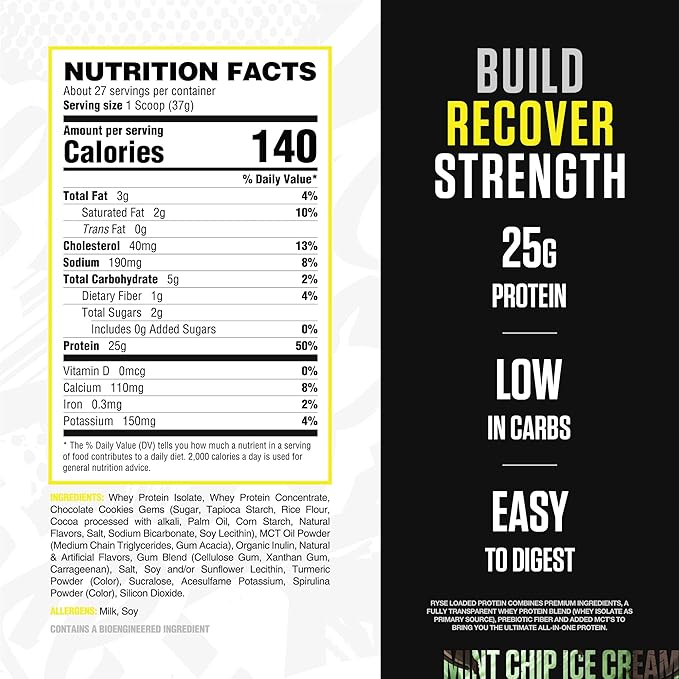 RYSE Loaded Protein Powder - Mint Chip Ice Cream - 25g Whey Protein Isolate &amp Concentrate with Prebiotic Fiber &amp MCTs - Low Carb Low Sugar Digestive-Friendly - 27 Servings / 2 lb Tub