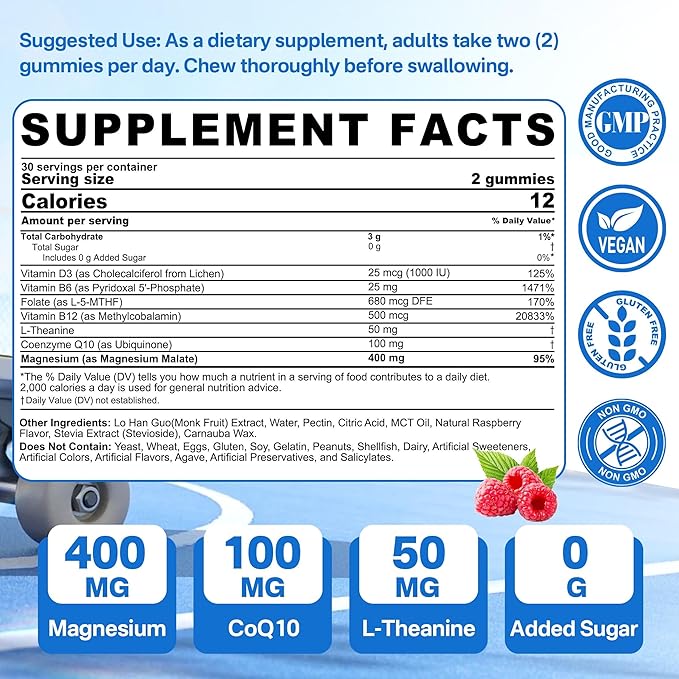 Magnesium Malate Energy Gummies Plus L-Theanine CoQ10 Methyl B12 Methylfolate B6 &amp D3-400mg Magnesium Gummy Sugar Free for Women Men Supports Muscle Function Calm &amp Relax Vegan 60 Cts