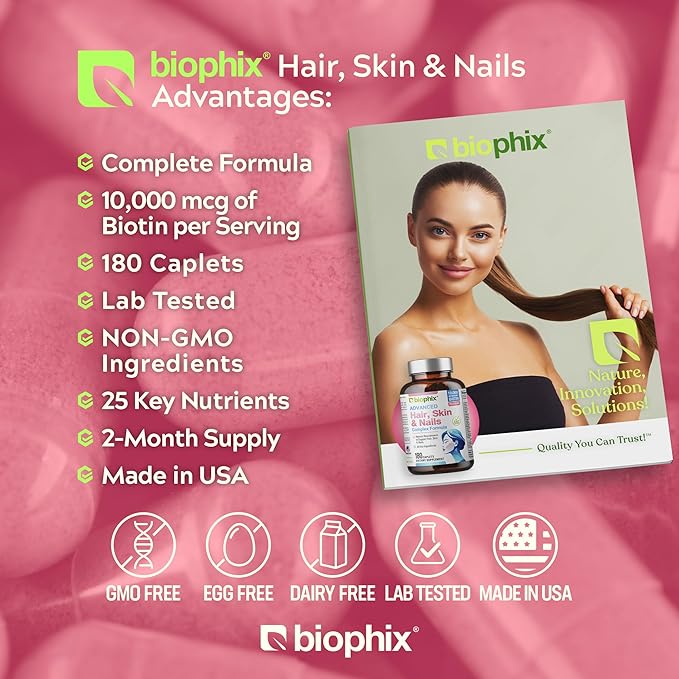 biophix Hair Skin and Nails Complex 180 Caplets with 10000 mcg Biotin - Multivitamin Supports Strong Nails Beautiful Hair Healthy Aging