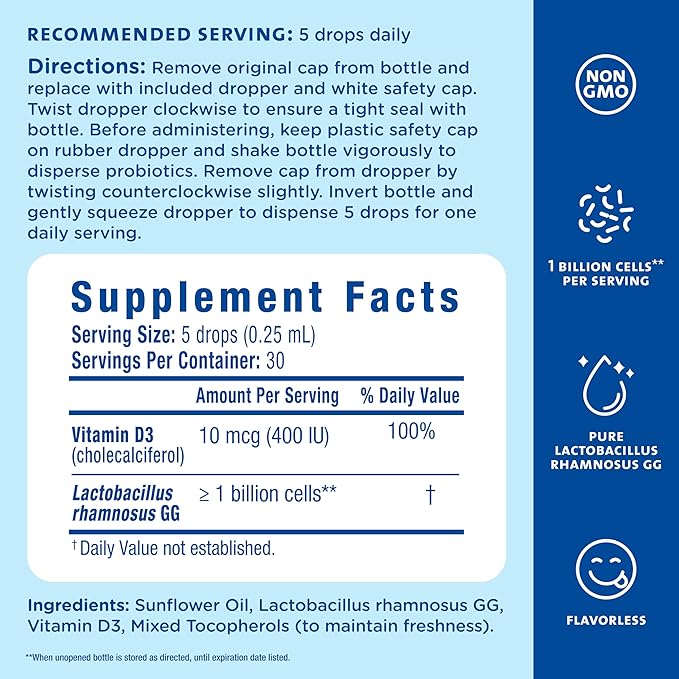 Mommy's Bliss Baby Probiotics + Vitamin D Drops Supports Digestive Health &amp Immune Function* 400IU Vitamin D  Supports Bone Development* Newborns+ Flavorless 0.34 Fl Oz (30 Servings)