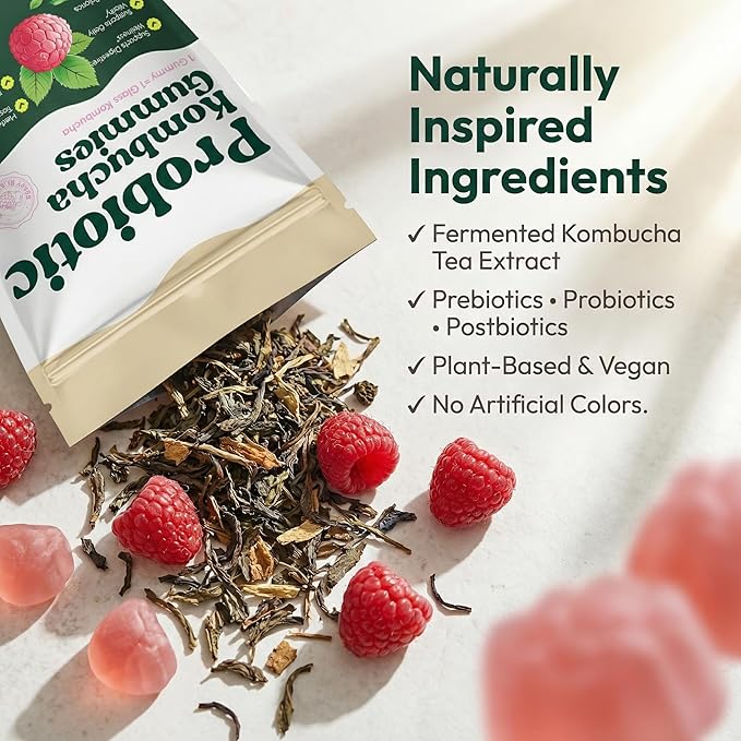 Probiotic Kombucha Gummies with Prebiotics Probiotics &amp Postbiotics – Digestive Support Fiber Gummy Supplement with Slippery Elm Dandelion Root &amp MCT Oil – Vegan Non-GMO 60 Gummies