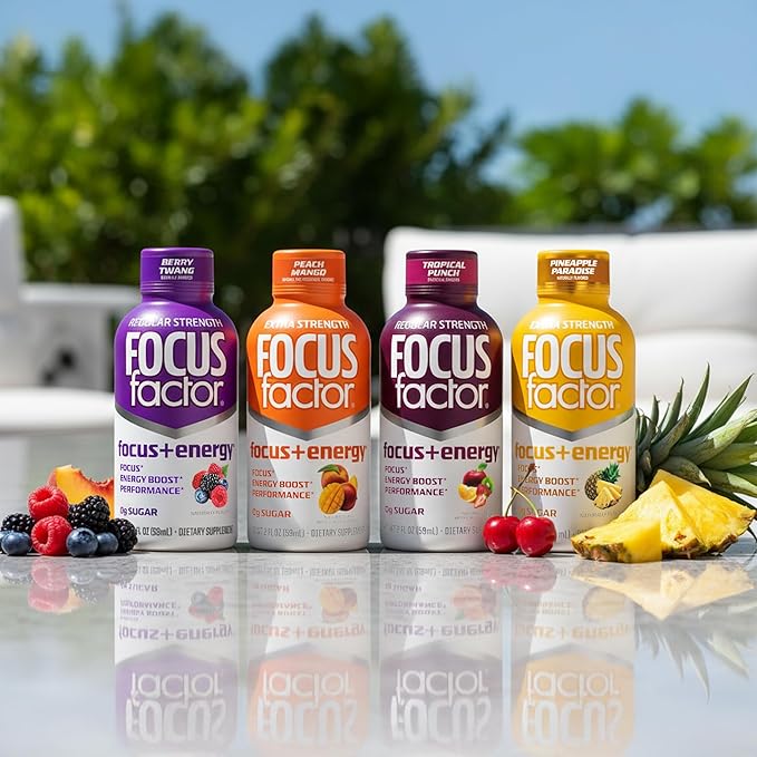 Focus Factor Extra Strength Focus + Energy Shots - 12 x 2oz Bottles (Pineapple Paradise Flavor) - Powered by Nootropics with Caffeine L-Theanine Ginkgo Bacopa L-Tyrosine Alpha GPC