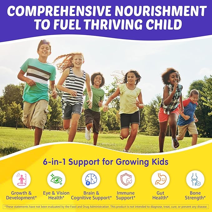 Kids Multivitamin Gummies with Iron 450mg Algae Omega-3 Methylated B12 Folate Fiber 2g Probiotics Magnesium A C D K Zinc Children Vitamins for Growth Brain Eye Gut Immune Sugar Free