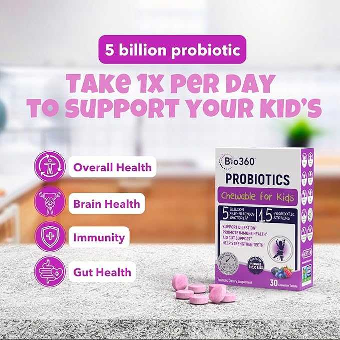 Bio360 Probiotics for Kids - 15 Strains &amp 5 Billion CFU Supports Brain Immune &amp Digestive Health - Kids Probiotic Chewable with Organic Prebiotics for Gut &amp Constipation Mixed Berry Flav