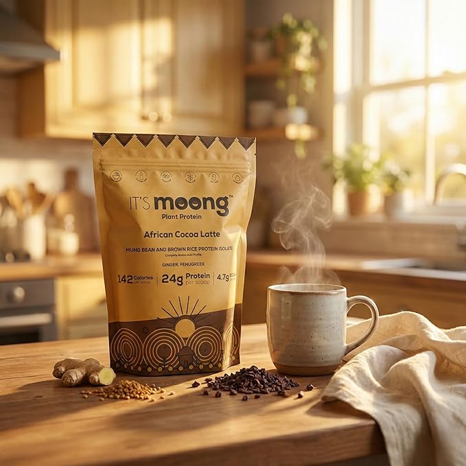 It’s Moong Plant Protein Powder African Cocoa Latte | Mung Bean &amp Brown Rice Isolate with Ginger &amp Fenugreek 24g Protein 4.7g BCAAs | Vegan Gluten Free Soy Free Sugar Free | 17.64 oz (500