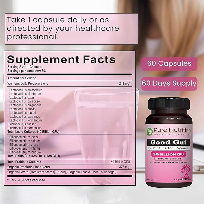 Pure Nutrition Good Gut Women's Probiotics 50 Billion CFU 16 Strains | 60 Caps | Probiotics for Women with Organic Prebiotic Blend | Once Daily | Non GMO | Gluten Free