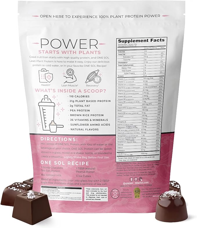 One Sol Lean Plant-Based Protein Powder Pea &amp Brown Rice Protein Low Carb Vegan Friendly - Gluten Lactose &amp Soy Free - No Added Sugar Non-GMO Clean Nutrition No Bloating (Chocolate Sea