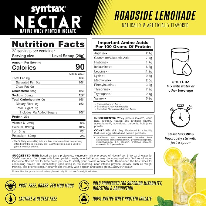 Syntrax Nutrition Nectar 100% Whey Protein Isolate Powder Refreshing Fruit Flavored Roadside Lemonade 2 lbs