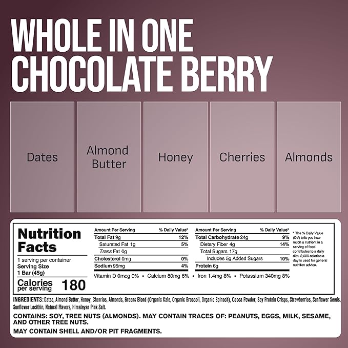 BrickHouse Nutrition Whole In One Bars: Healthy Snacks for Adults | Non-GMO Gluten Free Snack Bars | Real Fruits &amp Vegetables - Chocolate Berry (12 Bars)