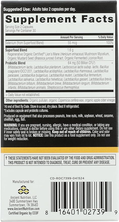 ANCIENT NUTRITION Organic Gut Restore Probiotics 50b 60 CT