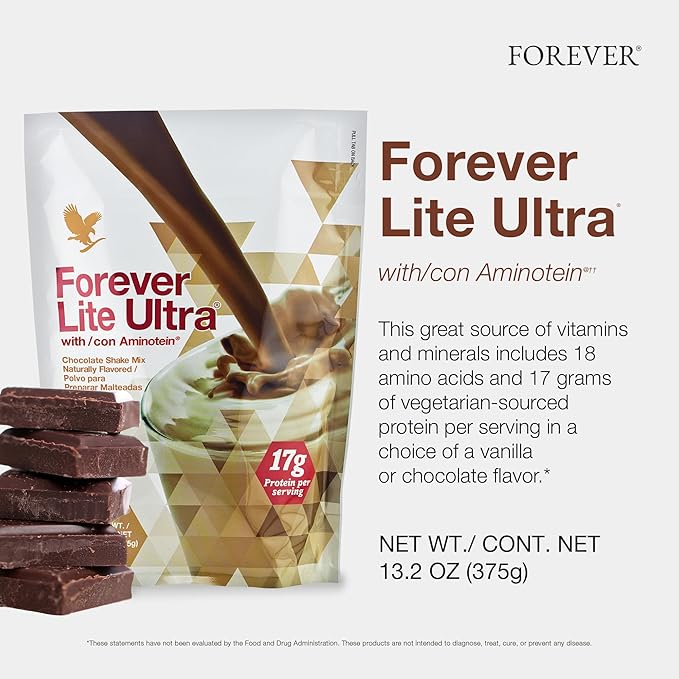 Forever Living - Lite Ultra Chocolate Protein Shake Mix with Aminotein Low Carb Drink for Lean Muscle Mass 13.2 oz