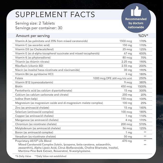 AS 10® Life – Stress Immune Support and Anti Aging Supplement - Multivitamin and Antioxidants Tablet Resveratrol Alpha Lipoic Acid Lutein and Zeaxanthin Co-Developed by NASA 60 ct