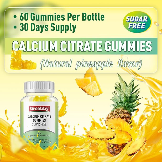 Calcium Citrate Gummies 1200 mg for Kids &amp Adults Sugar Free with Vitamin D3 K2 Magnesium Zinc Bone Support for Women &amp Elders Natural Pineapple Flavor 120 Gummies
