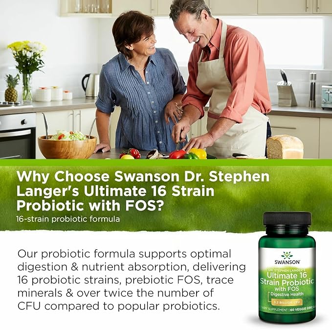 Swanson Dr. Stephen Langer's 16-Strain Probiotic with Prebiotic FOS for Gut-Health-Conscious Adults with 3.2 Billion CFU (60 Vegan Capsules 2 Pack)