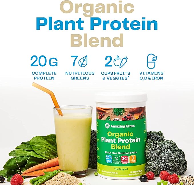 Amazing Grass Organic Plant Protein Blend: Vegan Protein Powder New Protein Superfood Formula All-In-One Nutrition Shake with Beet Root Pure Vanilla 20 Servings