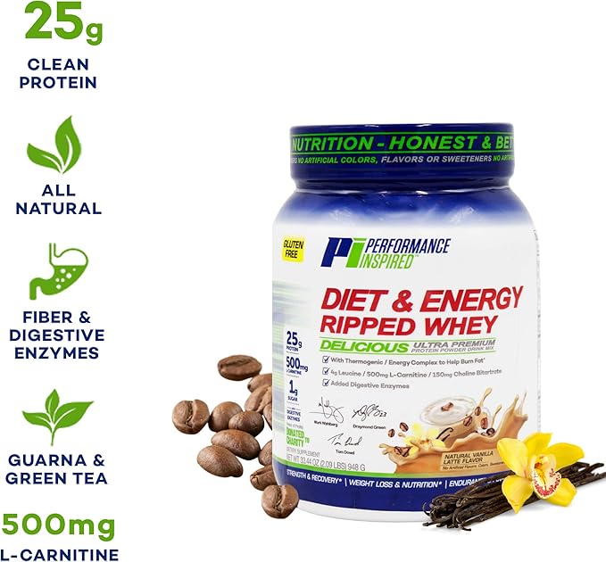 Performance Inspired Diet &amp Energy Whey Protein – 25G Clean Protein – L-Carnitine &amp Leucine – Digestive Enzymes – Green Tea Extract – Gluten-Free – 1g Sugar – Vanilla Latte – 2.4 lb