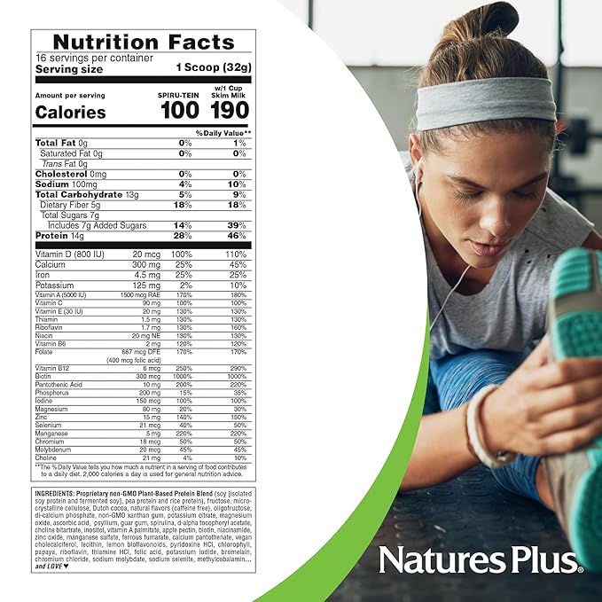 NaturesPlus SPIRU-TEIN Cappuccino - 1.1 lbs - Plant-Based Protein Shake - Non-GMO Vegetarian Gluten Free - 16 Servings