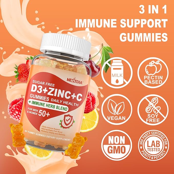 Sugar Free Vitamin C + D3 + Zinc Gummies for Adults 50 + 9 in 1 Immune Defense Supplement with D3 5000IU Elderberry Echinacea Mullein Leaf for Boost Immunity Power Antioxidant Vegan (Pack of 1)