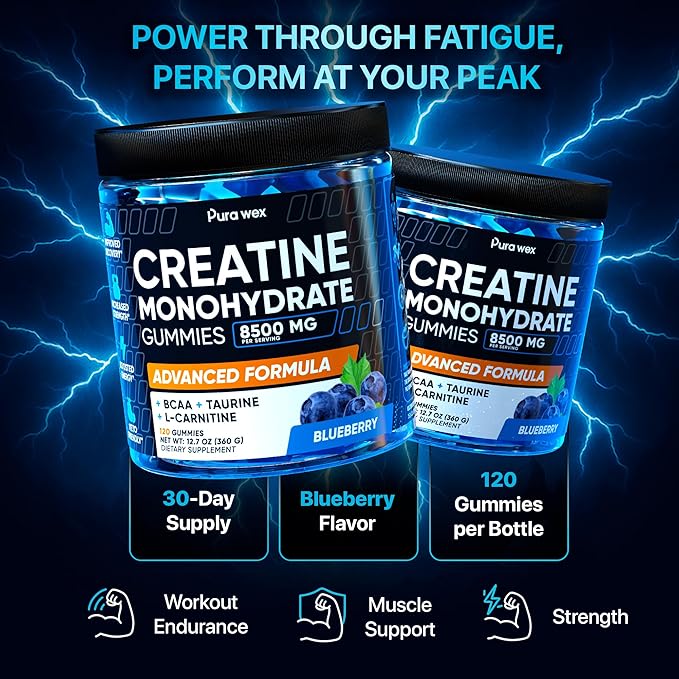 Creatine Monohydrate Gummies 8500mg Complex for Men &amp Women - Pre Workout Creatine Chews for Muscle Growth Strength &amp Energy Sugar Free Vegan Blueberry Flavor - 120 Count
