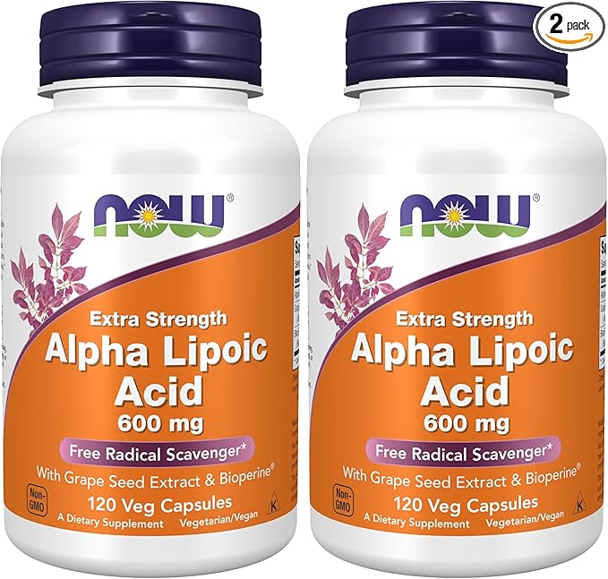 NOW Foods SupplementsAlpha Lipoic Acid 600 mg with Grape Seed Extract &amp Bioperine®Extra Strength120 Veg Capsules(Pack of 2)