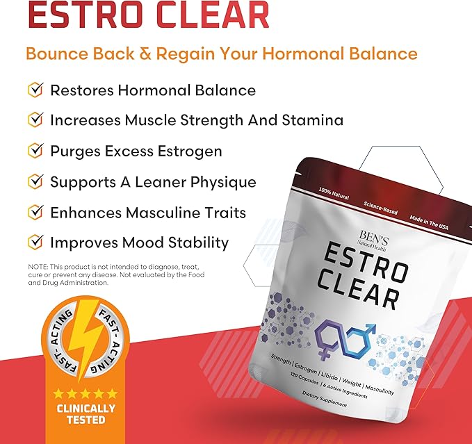 Ben's Natural Health Estro Clear Natural Men's Wellness Supplement with DIM Tiger Nut Astragalus Calcium D Glucarate 6 Pack 360 Capsules