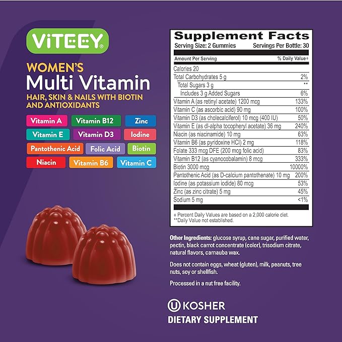 Viteey Womens Multivitamin Gummies - Immune Support - 12 in 1 Essential Vitamins &amp Minerals - Vitamin A C D3 E B6 B12 Folic Acid Biotin Calcium Zinc &amp More - Vegetarian - Raspberry Fl