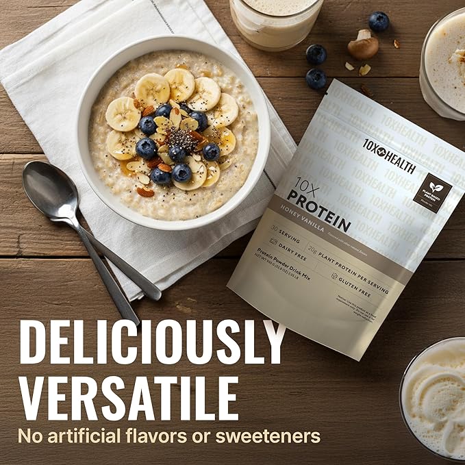 10X Health Vegan Protein Powder - 20g per Serving Plant Based Protein Powder for Muscle Support Strength &amp Nutrition - Dairy-Free &amp Gluten-Free - Honey Vanilla 2.3 lbs 30 Servings