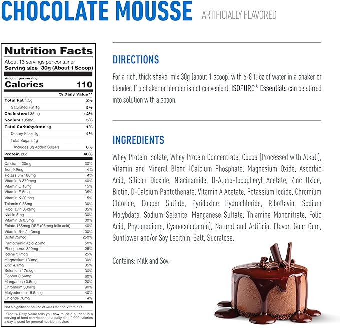 Isopure Essentials 100% Whey Protein Powder with Vitamins 20g Protein Per Serving Chocolate Mousse 13 Servings (Pack of 1)