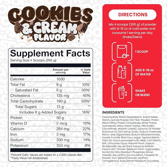 Mass Gainer Protein Powder Supports Muscle Growth &amp Recovery 50g Protein 190g Carbs 1030 Calories Gluten-Free RBST-Free No Artificial Colors